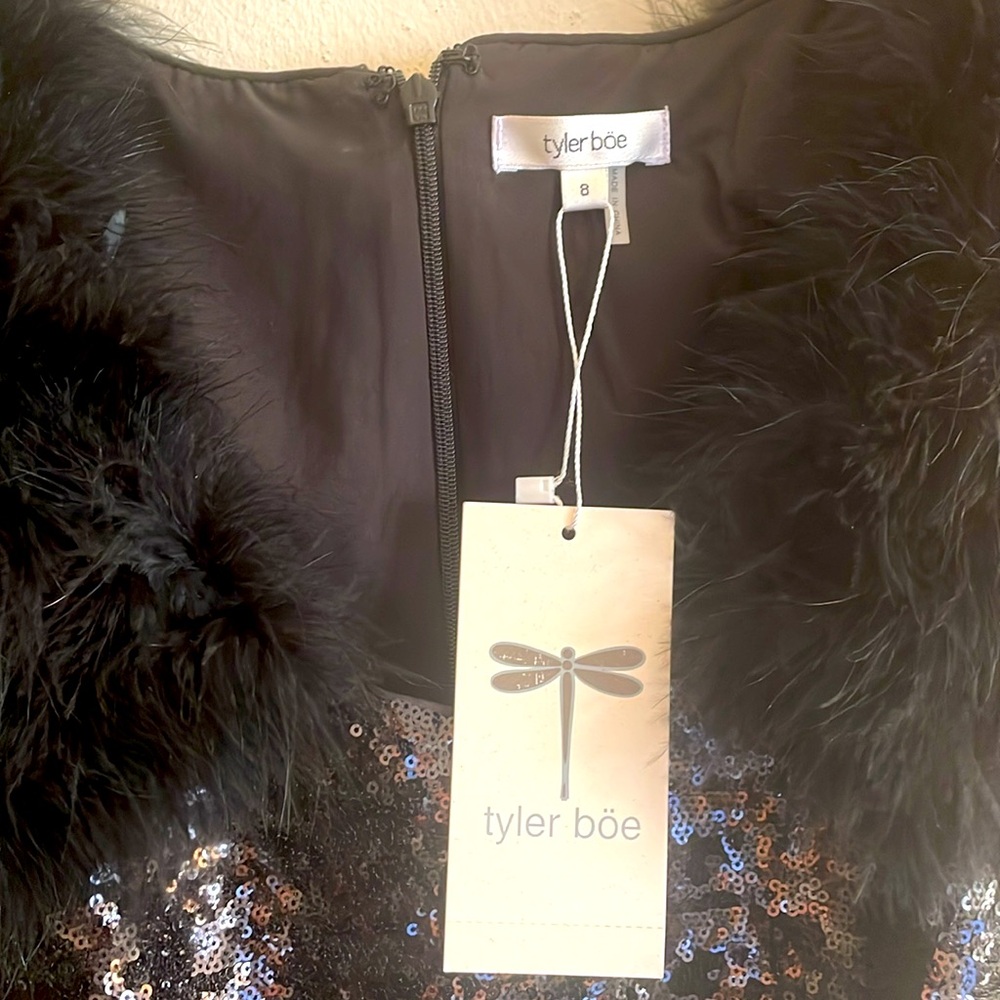 Tyler Boe Black Sequence Cocktail Dress with Fur embellishments. - Picture 5 of 6